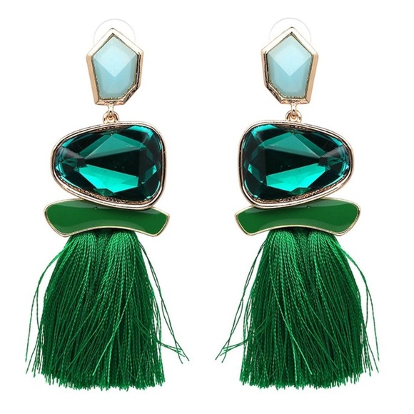 Jewelry - Boho Art Deco Green Tassel Earrings
